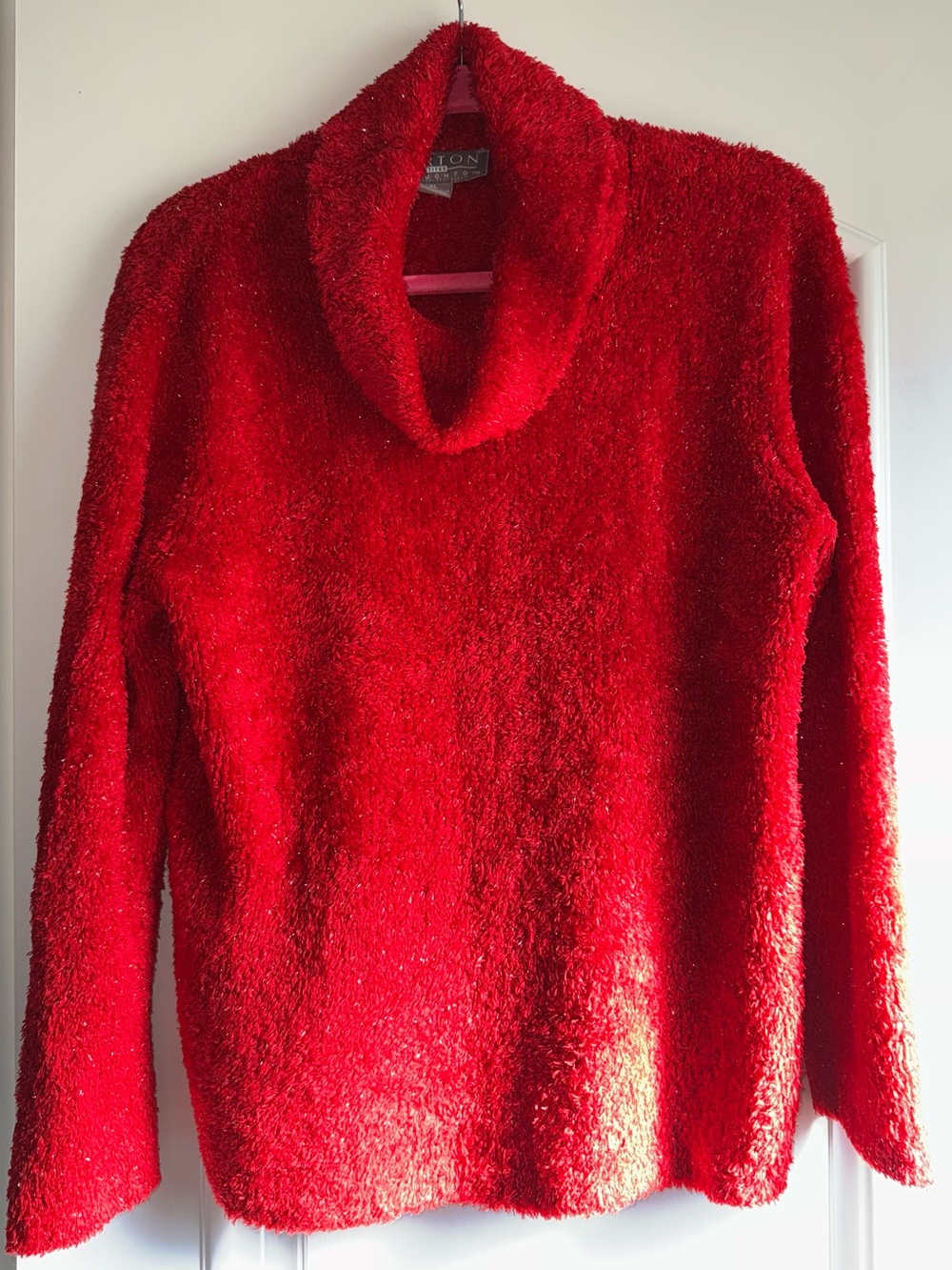 Festive Red Cowl Neck Sweater with Silver Accents